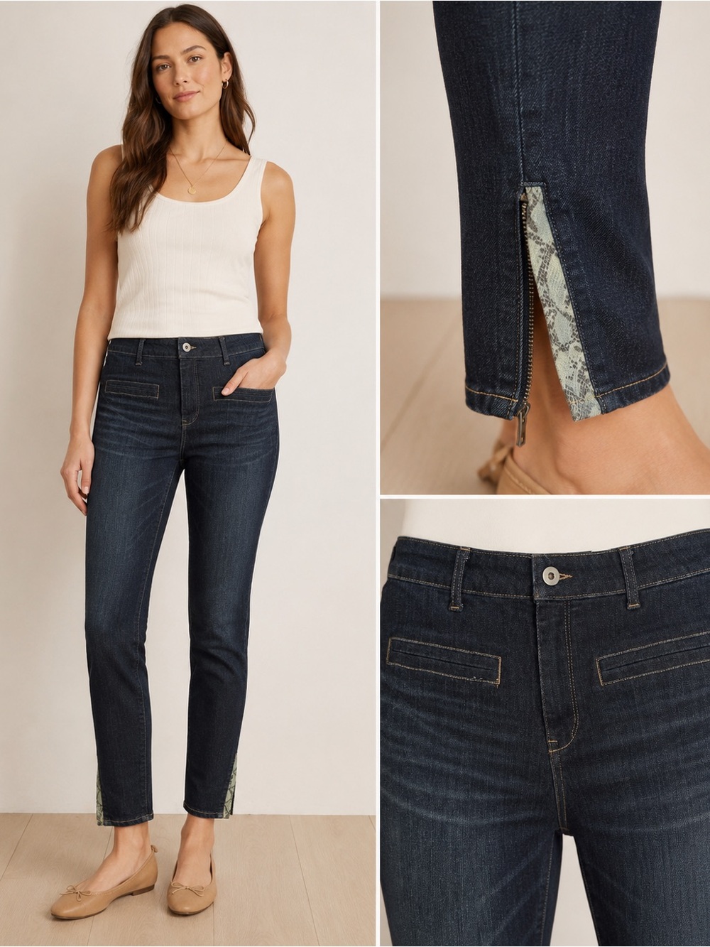 Anthropologie Pilcro Skinny Ankle Jeans Dark Wash Snake Print Zip Hem 28
